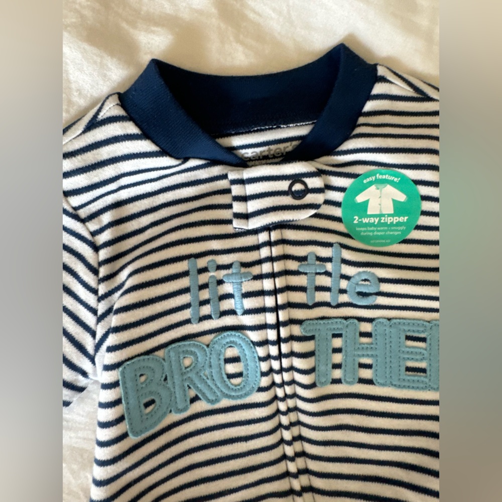 Carter’s little brother striped blue onesie footie zipper 0-3 month NEW